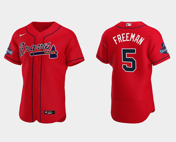 Men's Atlanta Braves #5 Freddie Freeman 2021 Red World Series Champions Flex Base Stitched Jersey
